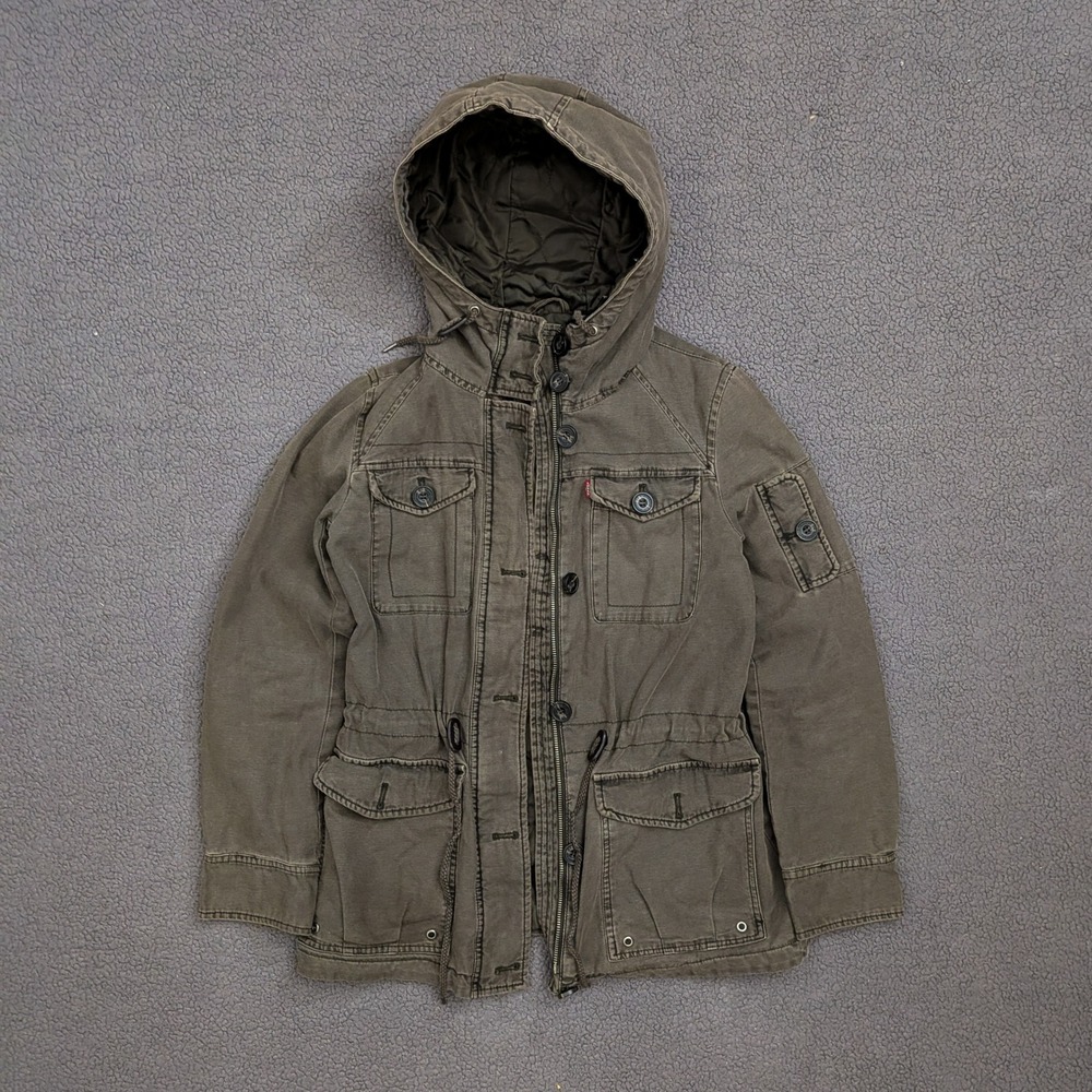 Levis Mens Olive Green Hooded Utility Field Jacket Quilted Lining Cargo Small